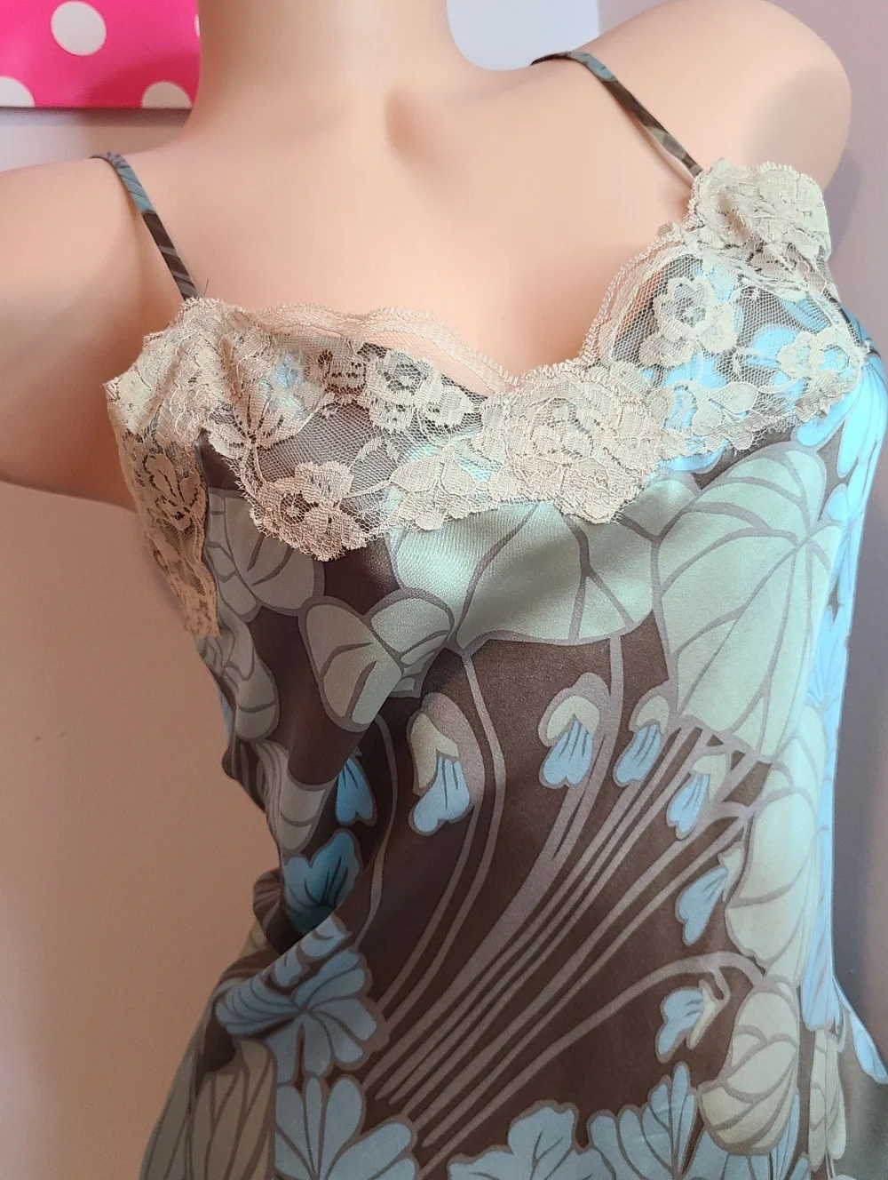 VTG NY&CO 100% Silk & Lace Floral Print Camisole Size Sm Brown & Blue - Picture 3 of 8